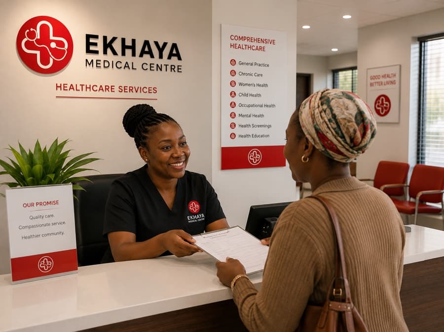 The reception desk at Ekhaya Medical Centre